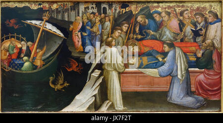 Cette peinture de tempera de Mariotto di Nardo, créée en 1408, représente des scènes de la légende de Saint Étienne, y compris la représentation de diables agitant la mer et la ré-inhumation du saint à Rome. Il fait partie d'un panneau de prédella plus grand logé au Musée national d'art occidental de Tokyo. Banque D'Images