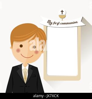 Premier plan enfant costume dans sa robe de première communion invitation avec message sur fond de couleur ocre Illustration de Vecteur