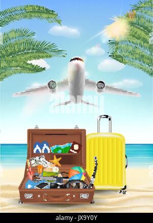 Avion de l'air à la mer avec plage objet voyage Illustration de Vecteur