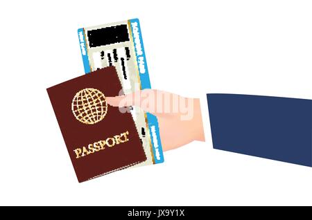 Tenir la main d'embarquement et passeport vecteur ticket Illustration de Vecteur