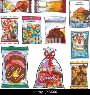 Des bonbons, des bonbons et des gâteaux dans des sacs en plastique et emballages. Vector illustration. Illustration de Vecteur