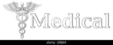 Cadeus médecine médical médecin pharmacie ferme symbole. Vector hand drawn tho linéaire noir avec des ailes des serpents. épée Hôpital Logo élément. M Illustration de Vecteur