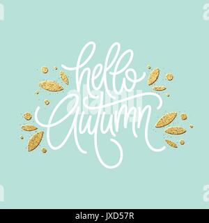 Automne - typographie vecteur dessiné à la main avec motif de feuilles en ligne golden glitter couleur. Vector illustration Illustration de Vecteur