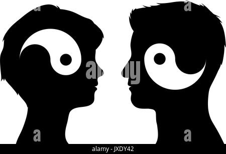 Symboles Yin Yang dans l'homme et la femme chef silhouettes, concept de relation, vector illustration Illustration de Vecteur