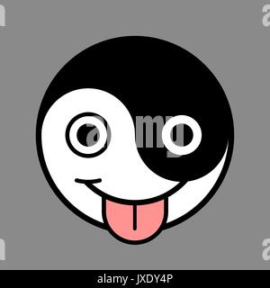 De smiley souriant symbole yin et yang et montrant la langue, sur fond gris, vector cartoon illustration Illustration de Vecteur