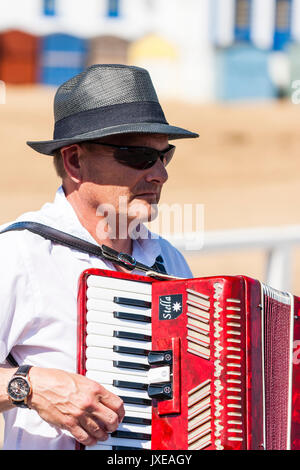 L'Angleterre, Broadstairs semaine folklorique. Madcap Morris joueur de jouer de l'accordéon accordéon rouge à l'extérieur à la lumière du soleil. Porte des lunettes de soleil et chapeau noir a sur. Tête et épaules. Banque D'Images