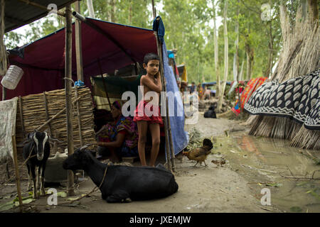 Bogra, Bangladesh. Août 16, 2017. Une fille dans un abri temporaire pour les inondations en zone Kajla à Bogra. La souffrance des peuples continue comme beaucoup d'entre eux ont quitté leurs foyers avec leur bétail, chèvres, poules et autres animaux de compagnie et ont trouvé refuge dans des zones sûres et bon nombre de ces personnes n'ont pas encore été en mesure de retourner à mesure que l'eau n'a pas entièrement disparu de leurs foyers. Incidents liés aux crues dans Dinajpur, Gaibandha Lalmonirhat et augmenter le nombre de morts à 30 dans les trois derniers jours à travers le pays. Credit : K M Asad/ZUMA/Alamy Fil Live News Banque D'Images