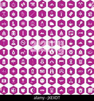 100 icônes de camping familial violet hexagonale Illustration de Vecteur