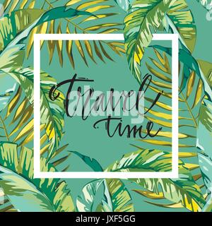 Bannière, affiche avec les feuilles de palmier, feuilles de la jungle. Belle Été tropical floral vector background. Composition lettrage - temps de déplacement. EPS 10 Illustration de Vecteur