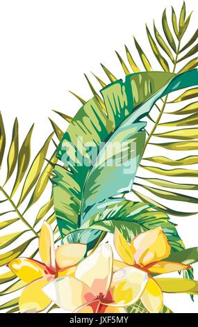 Bannière, affiche avec les feuilles de palmier, feuilles et fleurs de frangipanier dans la jungle. Belle Été tropical floral vector background. EPS 10 Illustration de Vecteur