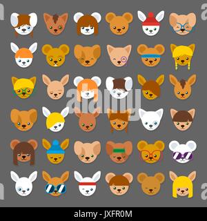 Importante collection de dessins colorés tête animale des avatars pour identification internet avec un chat , ours, lapin et souris avec différents accessoires ou Illustration de Vecteur