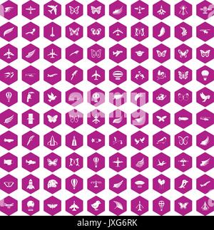 100 icônes fly violet hexagonale Illustration de Vecteur