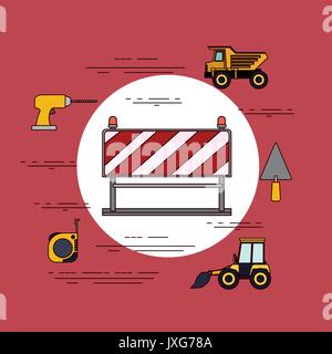 Arrière-plan couleur châssis circulaire avec barricade de rayures rouges et blanches avec des outils pour la construction Illustration de Vecteur