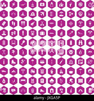 100 icônes famille vacances violet hexagonale Illustration de Vecteur