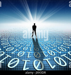 Image conceptuelle de l'homme qui se profile sur la matrice du code binaire Banque D'Images