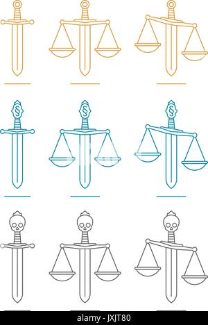 Épée et balance de la justice dans l'or, bleu et gris sur fond blanc. Inclut les versions déséquilibré. Illustration de Vecteur