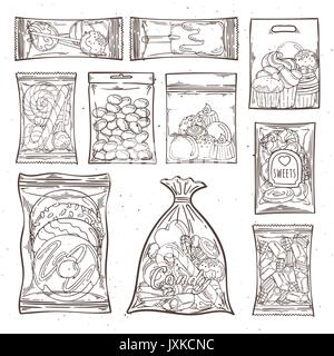 Des bonbons, des bonbons et des gâteaux dans des sacs en plastique et emballages. Vector illustration. Illustration de Vecteur