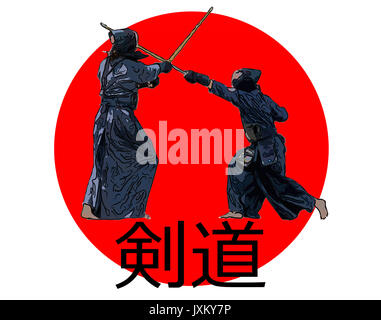 Le kendo japonais combattants avec des épées en bambou sur drapeau Japon Banque D'Images