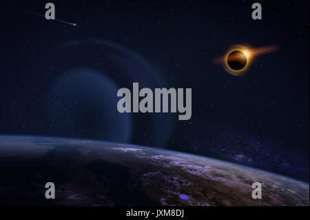 Eclipse solaire avec halo orange sur la planète terre, sur le ciel étoilé. éléments de cette image fournie par la NASA. Banque D'Images