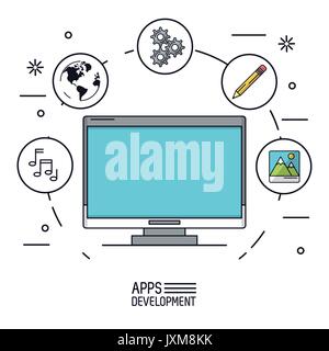 Fond blanc affiche de développement d'applications avec ordinateur de bureau et icônes app de plus utiliser formant un cercle Illustration de Vecteur