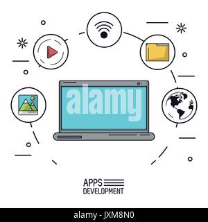 Fond blanc affiche de développement d'applications avec ordinateur portable et utiliser plus d'app icônes formant un cercle Illustration de Vecteur