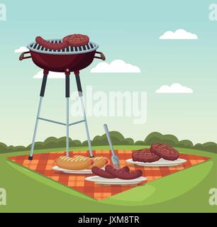 Scène de couleur paysage nappe pique-nique et barbecue grill in grass Illustration de Vecteur