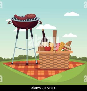 Scène de couleur paysage nappe pique-nique avec les aliments et boissons et grill barbecue in grass Illustration de Vecteur