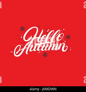 Bonjour automne part written lettrage en relevant les feuilles jaunes et orange. Illustration de Vecteur