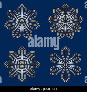 Ensemble de ronde à fleurs simples mandala d'or sur fond bleu Illustration de Vecteur
