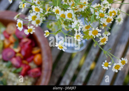 Bol de nourriture végétarienne par fleurs de camomille Banque D'Images