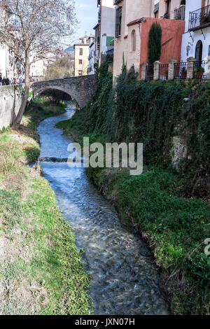 Granada, Espagne - 16 février 2013 : rivière Darro, au bas du pont de Espinosa, de l'accès au quartier de la Churra, Granada, Espagne Banque D'Images