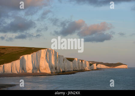 Sept Sœurs des falaises de craie au coucher du soleil. Banque D'Images