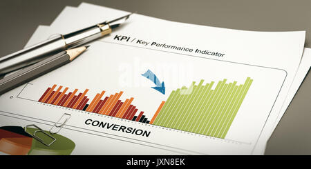 Feuille de papier, avec des taux de conversion et des statistiques de performance rapide, 3D illustration. Banque D'Images