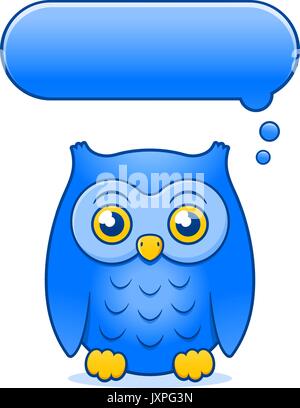 Wise Owl cartoon bleu avec la pensée vide ou bulle pensée perché face caméra avec de grands yeux rond jaune, vector illustration on white Illustration de Vecteur