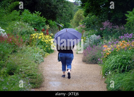 Femme avec un parapluie marche dans un jardin de pluie Banque D'Images