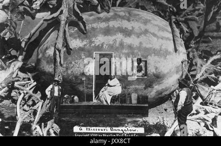 Une représentation d'une pastèque aux préjugés raciaux qui a été faite pour ressembler à une maison, avec un jeune garçon afro-américain dans la fenêtre, ' une femme afro-américaine mûre assise sur le porche, ' et deux hommes afro-américains debout dans la zone de pastèque, Avec la légende « A Missouri Bungalow », Kansas, 1909. Banque D'Images