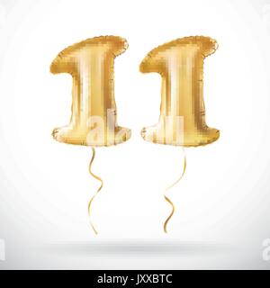 Vector nombre d'Or 11 ballon. Décoration pour anniversaire 11 ans, anniversaire. Faites de ballon gonflable avec du ruban d'or isolated on white ba Illustration de Vecteur