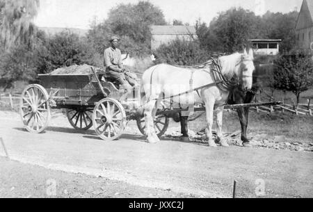 Portrait assis sur toute la longueur d'un homme afro-américain mature sur un cheval et une poussette, portant un bouton léger, un pantalon et un chapeau, transportant des matériaux à l'arrière du chariot, porté par deux chevaux, expression neutre, 1915. Banque D'Images