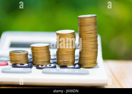 De plus en plus d'épargne, des crédits et une calculatrice sur bois avec arbre vert arrière-plan flou. La croissance financière, d'économiser de l'argent, la richesse et le succès de l'entreprise financement de co Banque D'Images