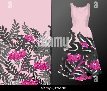 Automne vertical homogène sur modèle sorbe maquette robe d'été. Complexe détaillé dessin à la main arrière-plan. La distribution chaotique des éléments. Rose et gris. EPS10 vector illustration. Illustration de Vecteur