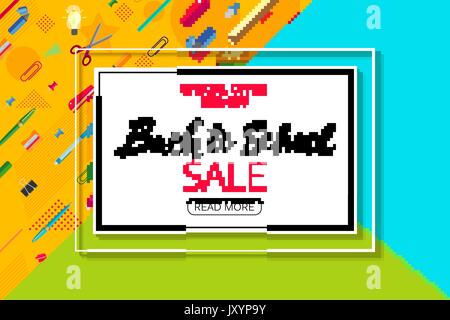 Retour à l'école design de bannières avec lettrage, les fournitures scolaires et papier remarque. Télévision style laïcs Illustration de Vecteur