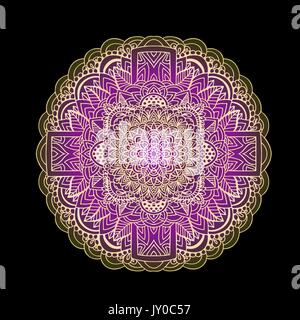 Motif ethnique. Imprimer mandala violet authentique sur fond noir. Vector illustration. Illustration de Vecteur