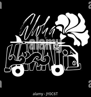 Le noir et blanc Aloha Hawaii surf imprimer. Lettrage Handdrawn avec une fourgonnette. Vector illustration d'autobus. Typographie poster Illustration de Vecteur