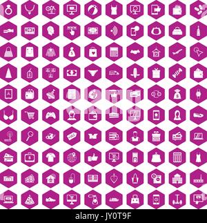 100 icônes en ligne violet hexagonale Illustration de Vecteur