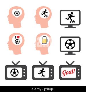 Les icônes de football ou de football aimant l'homme définissent l'ensemble d'icônes Vector de football, en regardant le jeu sur la télévision isolé sur blanc Illustration de Vecteur