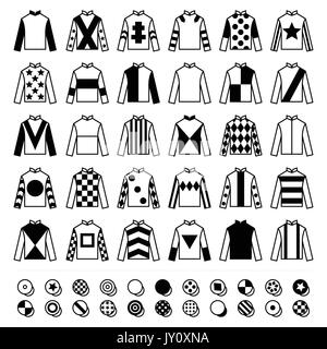 Jockey uniforme - vestes, silks et chapeaux, équitation icônes set Vector icons set - course de cheval Jockey uniforme noir Uni dessins isolés sur whi Illustration de Vecteur