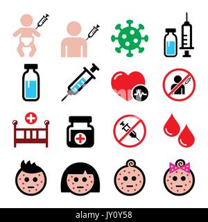 Vaccination infantile, varicelle Icon set Sick enfant, vacciner, médical vector icons mis isolé sur blanc Illustration de Vecteur