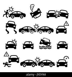 Accident de la route, accident de voiture, accident vector icons set d'écrasement du conducteur sur la route, voiture épave auto icons set isolated on white Illustration de Vecteur