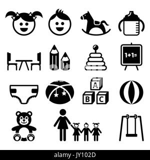 L'école maternelle, garderie, préscolaire icons set les bébés et les enfants en crèche ou maternelle vector icons set isolated on white Illustration de Vecteur