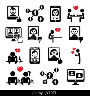 Conférence d'apps, des couples sur l'ensemble des icônes vectorielles date Personnes datant, homme et femme, à l'aide d'applications smartphone de rencontrer d'autres personnes vector icons s Illustration de Vecteur